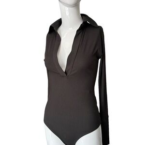 Black Long Sleeve Fitted Bodysuit with Notched Collar